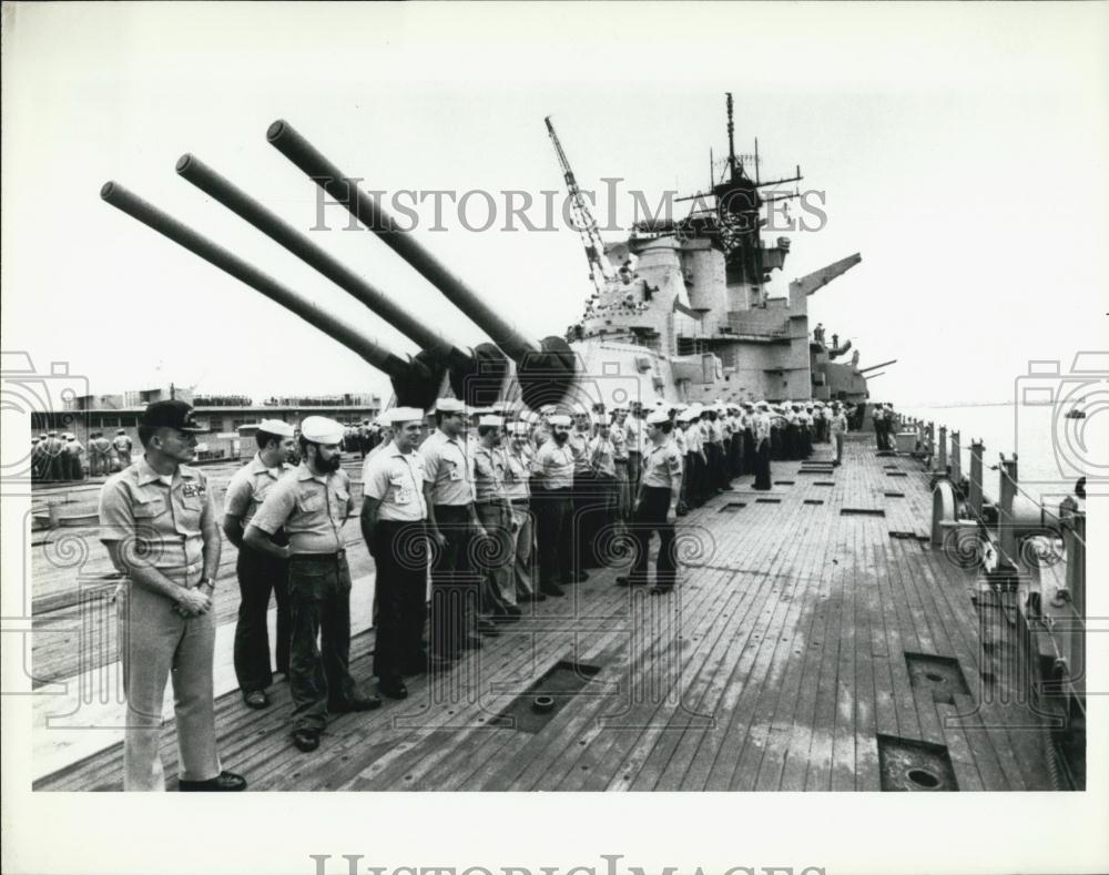 Press Photo Sailors Line Up Under Guns ON Gunboat - Historic Images