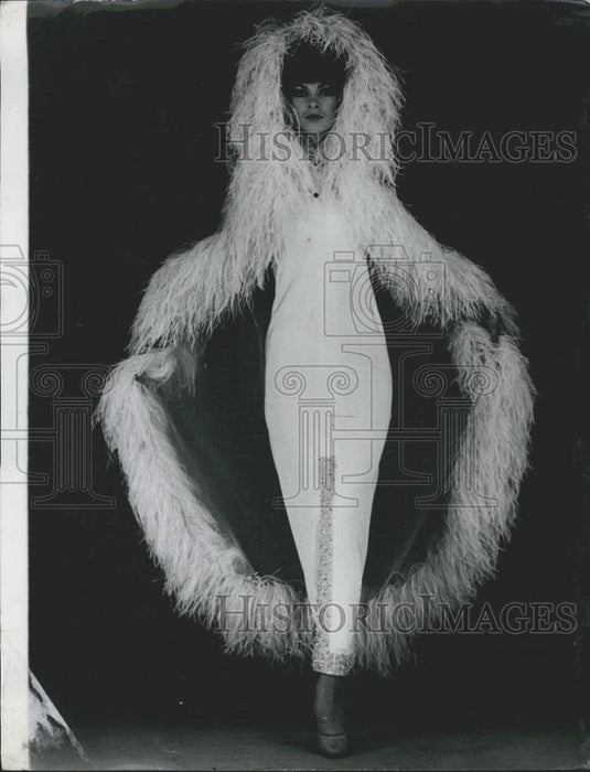 1965 Press Photo Evening dress worn with a cape trimmed with ostrich feathers - Historic Images