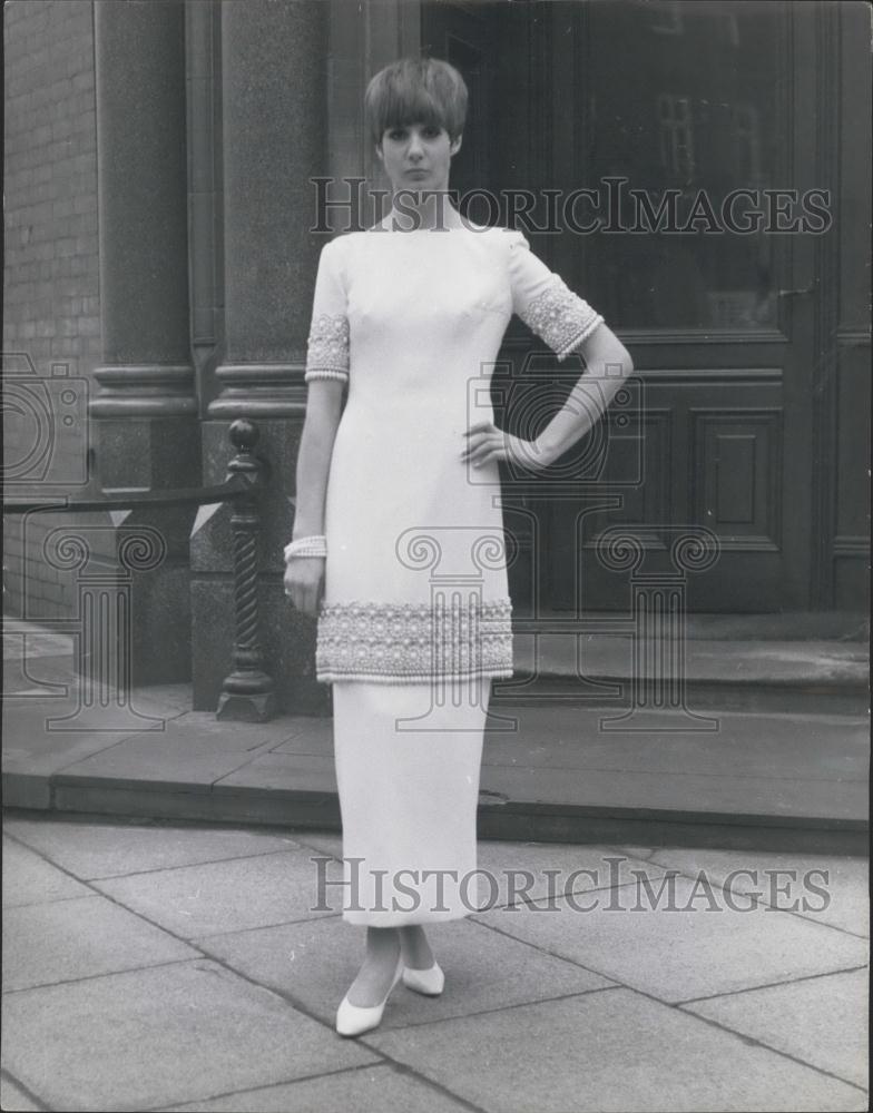 Press Photo Evening dress with Byzantine embroidery,Spring styles by Mattli - Historic Images