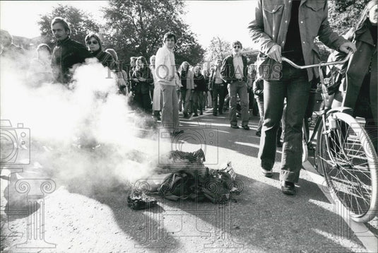 1975 Press Photo At Demonstration In Sweden Spanish Flags Torn Down & Burned - Historic Images