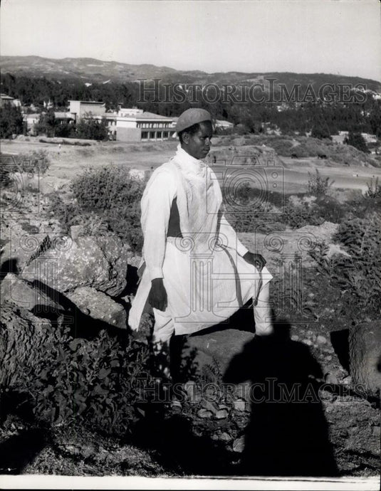 Press Photo Ethiopian Stands Rocky Piece Land Near Capital Addis Ababa - Historic Images