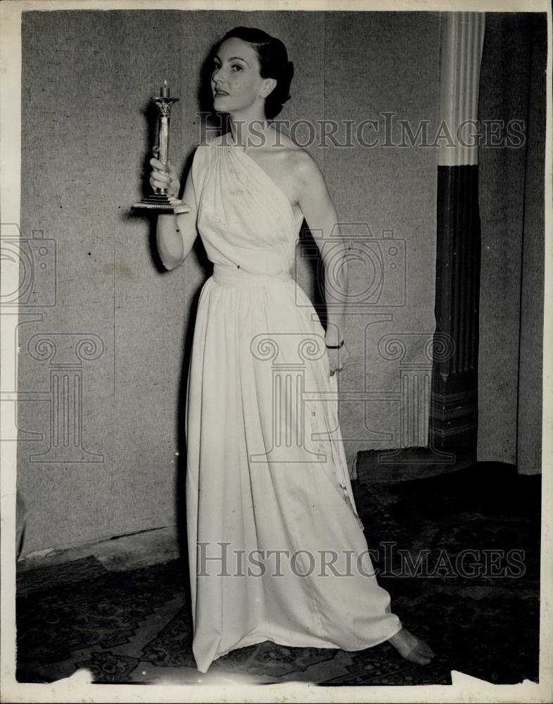 1951 Press Photo White Off The Shoulder Osmalane Fabric Evening Dress - Historic Images