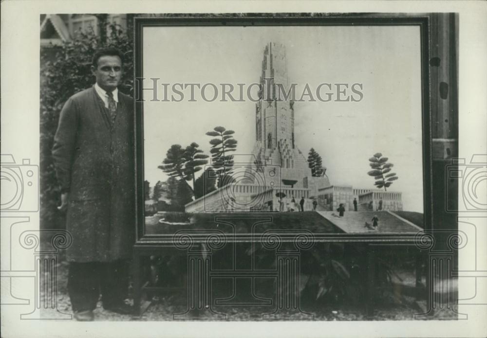 1941 Press Photo Don Bosco with a Painting of Miyazaki Temple - Historic Images
