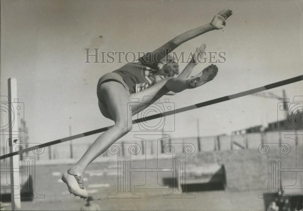 Press Photo Track Athlete I. Balas Completes High Jump, Colombes Track Meet - Historic Images