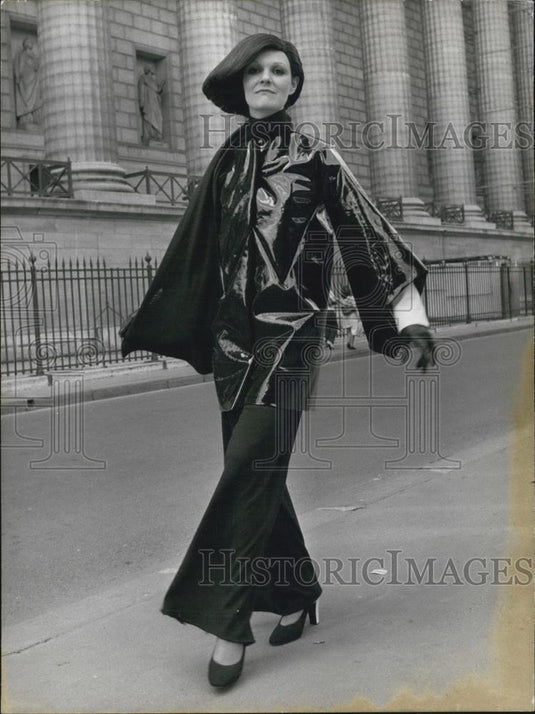 1974 Press Photo Vinyl Raincoat by Daniel Le Bret's Fall and Winter Collection - Historic Images