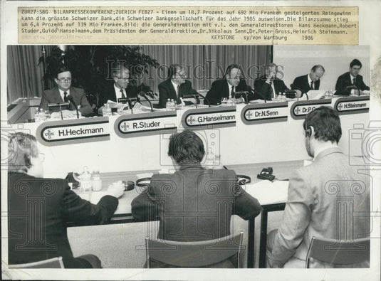 1985 Press Photo Press Conference for Swiss Federal Balance in Zurich. - Historic Images