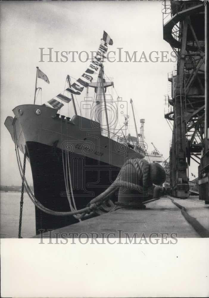 1954 Press Photo Ship &quot;Clement -Ader&quot; at Bordeaux dockside for launch ceremony - Historic Images