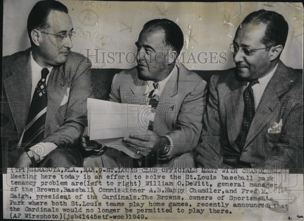1949 Press Photo William O DeWitt, AB Happy Chandler, Fred M Saigh, Baseball - Historic Images