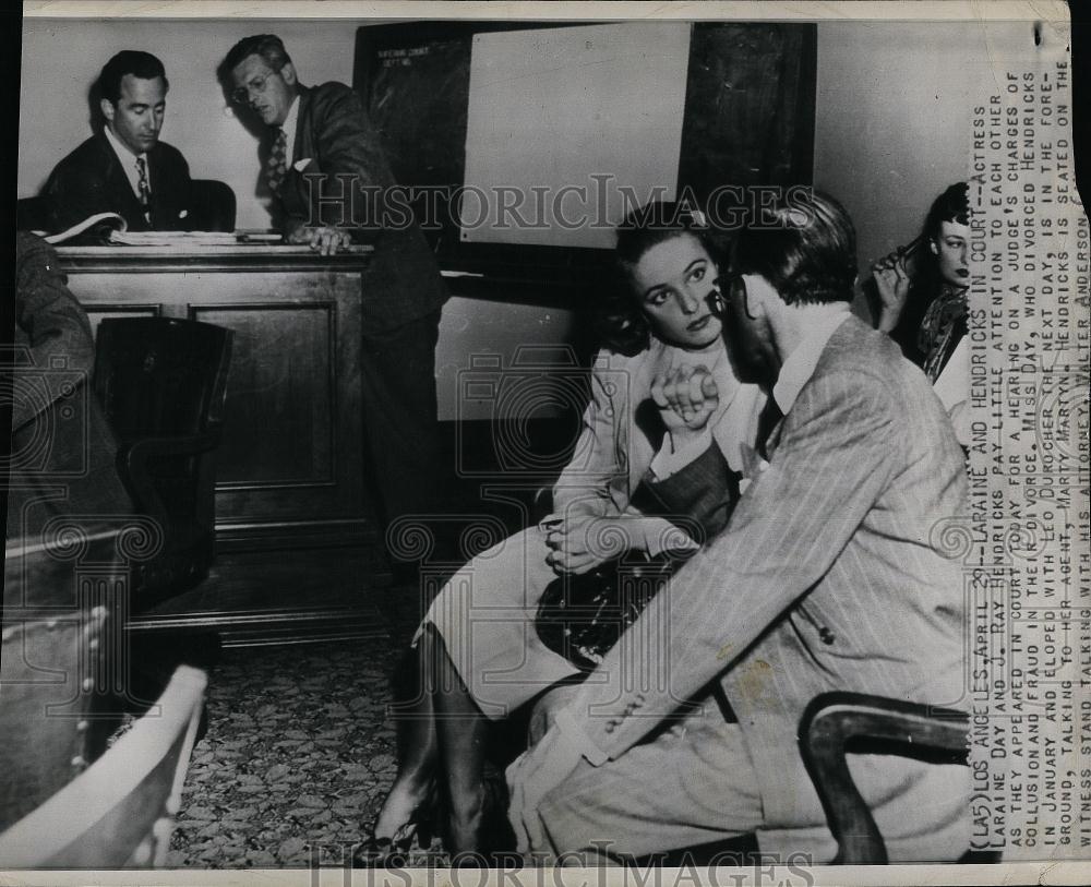 Press Photo actress Laraine Day and J Ray Hendricks in divorce court - Historic Images