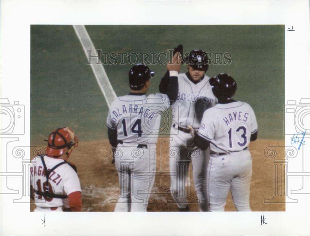 1993 Press Photo Colorado Rockies Players Andres Galarraga &amp; Charlie Greet - Historic Images