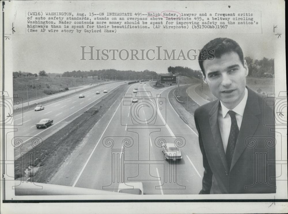 1967 Press Photo Ralph Nader, Lawyer, Auto Safety Critic, Interstate 495 - Historic Images