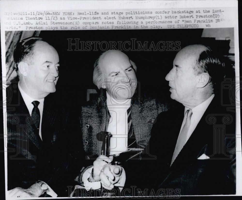 1964 Press Photo VP Hubert Humphrey, Actor Robert Preston &amp; UN Amb Stevenson - Historic Images