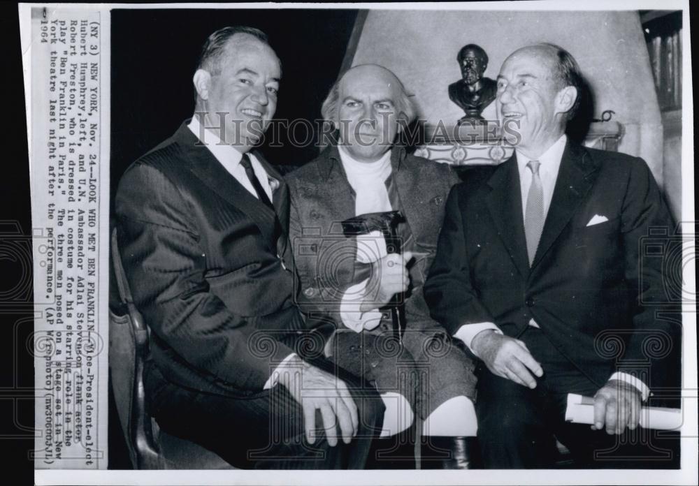 1964 Press Photo VP Hubert Humphrey, UN Amb Stevenson &amp; Actor Robert Preston - Historic Images