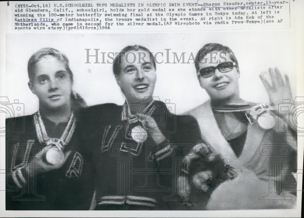 1964 Press Photo Sharon Stouder Wins Gold Medal In 100-meter Butterfly - Historic Images