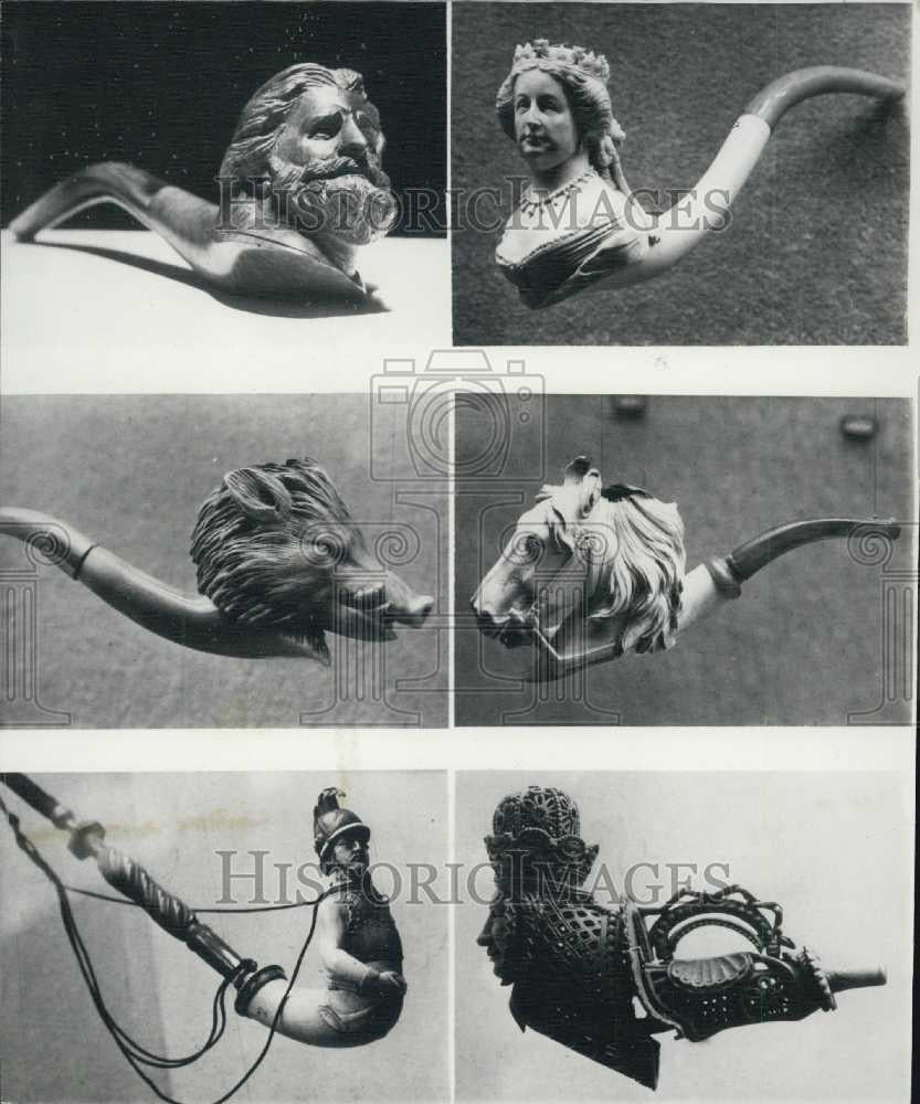 1980 Press Photo Exhibit of carved smoking pipes of wood & ivory - Historic Images