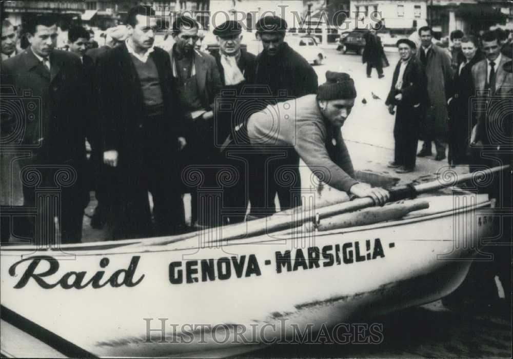 1958 Press Photo Alberto Cerutti &amp; his boat for round the world sail - Historic Images
