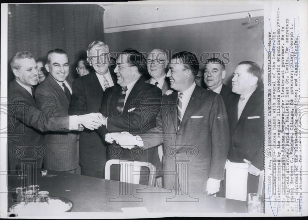 1956 Press Photo Mayor Richard Daley Being Congratulated After Victory - Historic Images