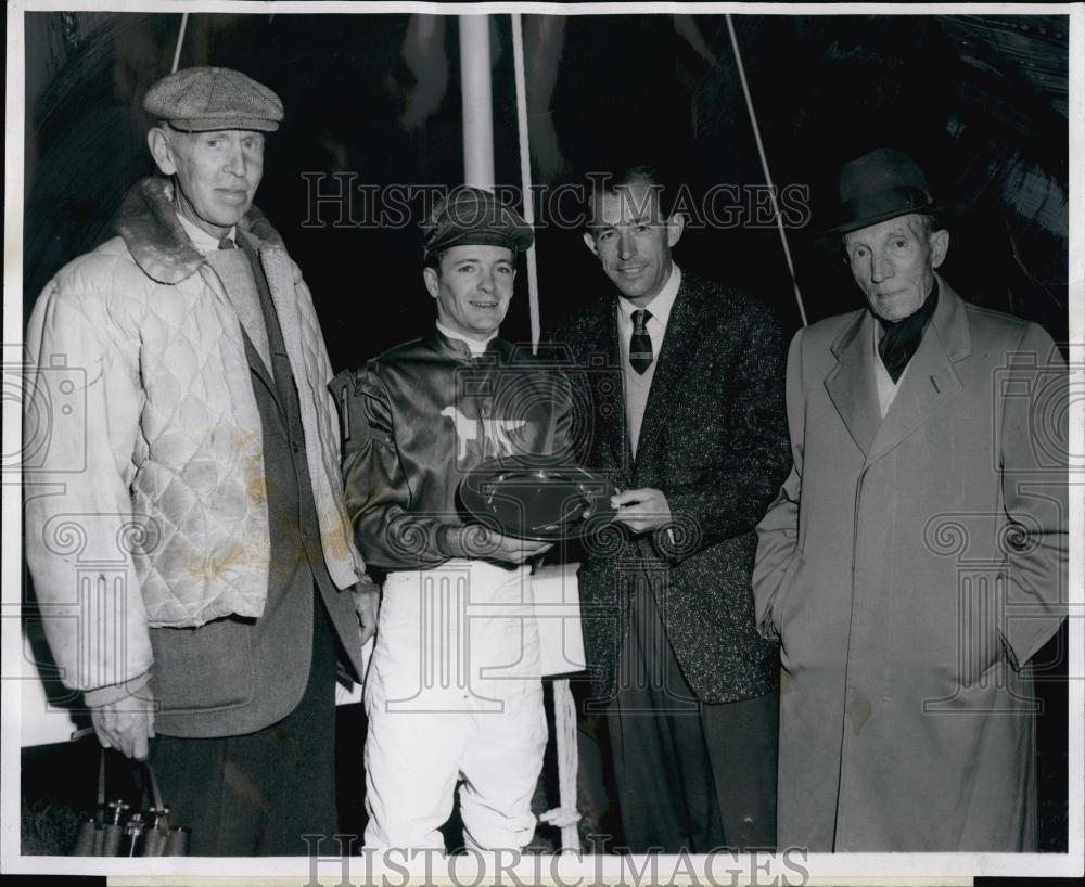 1955 Press Photo Jockey Richard McLaughlin received a trophy from Bob Toski - Historic Images