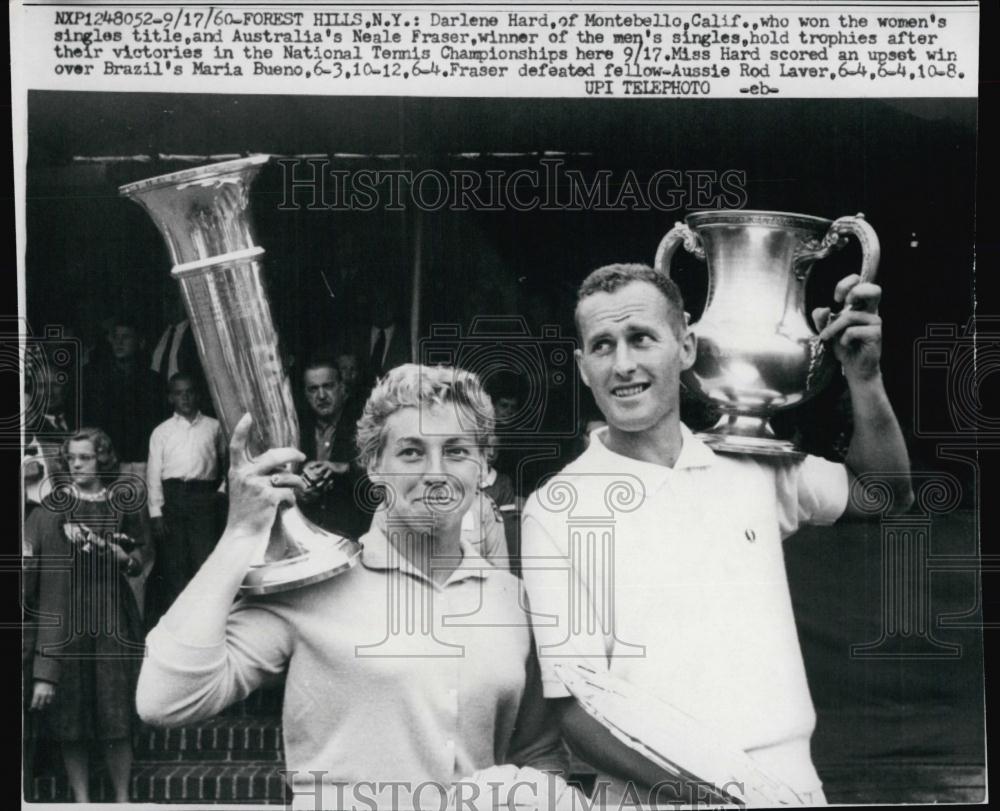 1960 Press Photo Darlene Hard women&#39;s singles title tennis Neale Fraser - Historic Images