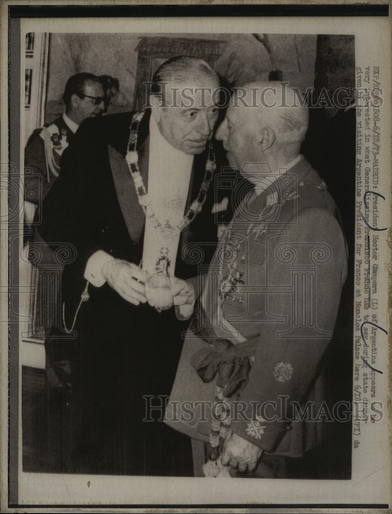 1973 Press Photo President Hector Campora of Argenita Generalissimo Francisco - Historic Images