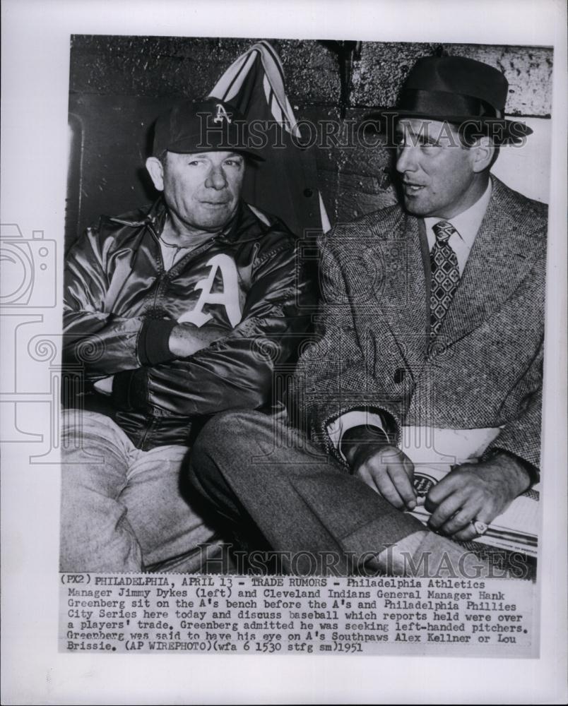 1951 Press Photo Philadelphia Athletics Mgr Dykes &amp; Indians Gen Mgr Greenberg - Historic Images