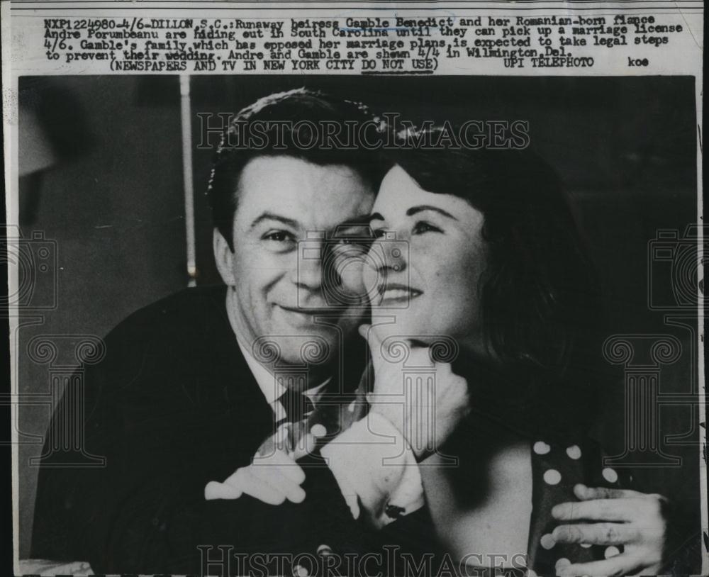 1960 Press Photo runaway heiress Gamble Benedict and fiance Andre Porumbeanu - Historic Images