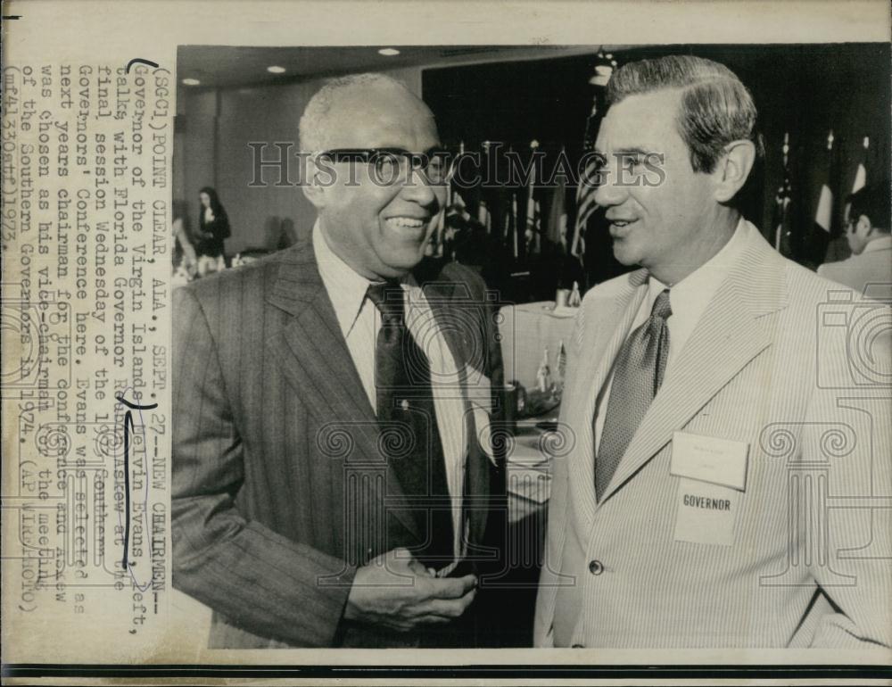 1973 Press Photo Gov Melvin Evans of Virgin Islands &amp; Fla, Gov Reuben Askew - Historic Images