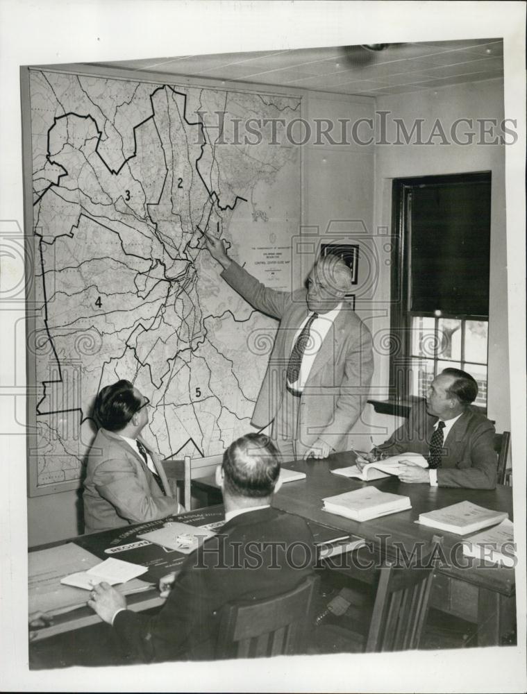 1954 Press Photo Tony Comerford Air Raid Regional Director Pin Points Disaster - Historic Images