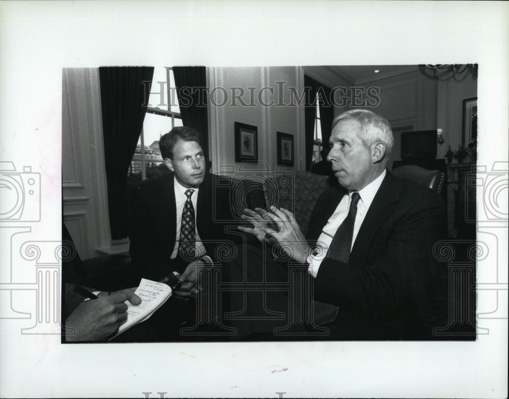 1996 Press Photo Congressmen P Torkilsen and F Wolf interviewed on &quot;Big Dig&quot; - Historic Images