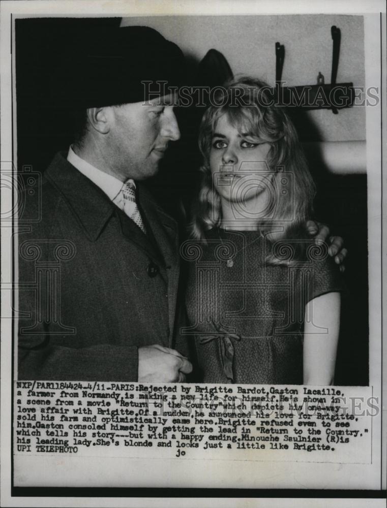 1959 Press Photo Brigitte Bardot and Gaston Lacaille in &quot;Return to country&quot; - Historic Images