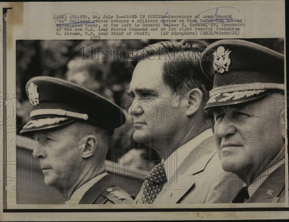 1973 Press Photo Sec of Army Howard Callaway,Gen Walter Kerwin Jr,Gen C Abrahms - Historic Images