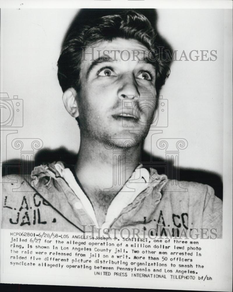 1958 Press Photo Joseph Schillaci Arrested For Lewd Photo Ring Los Angeles - Historic Images