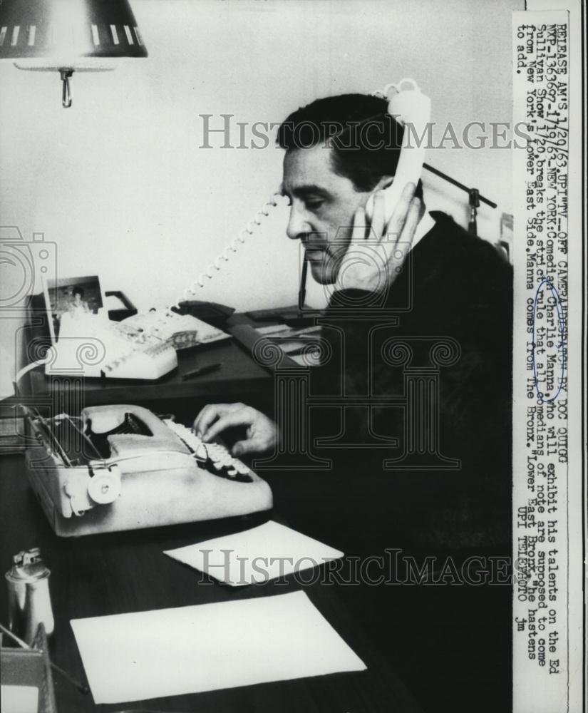 1963 Press Photo Comedian Charlie Manna Upside Down Phone Typewriter - RSL43589 - Historic Images