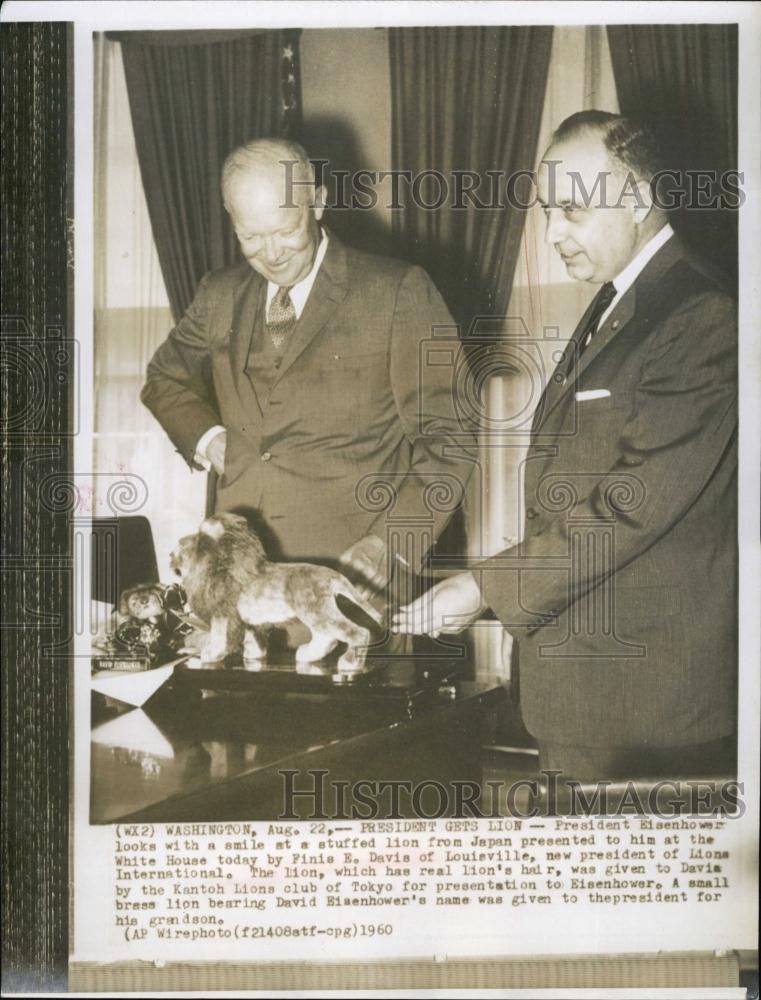 1960 Press Photo President Eisenhower stuffed Lion from Japana Finis E Davis - Historic Images