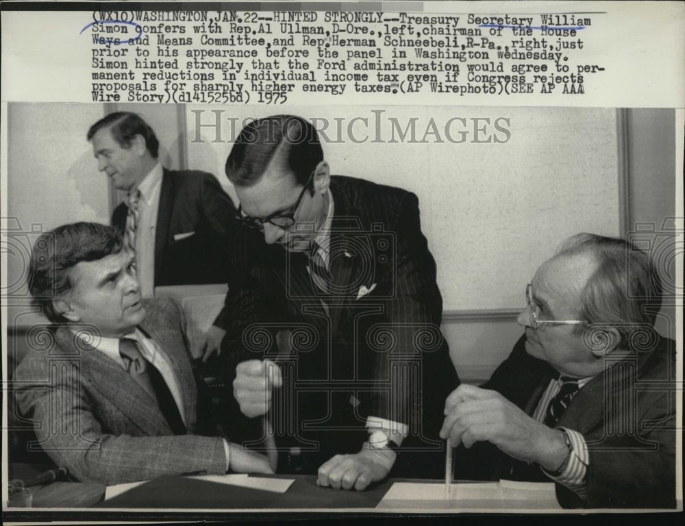 1975 Press Photo Tres Sec Wm Simon, Rep Al Ullmann &amp; Rep Herman Schneebeli - Historic Images