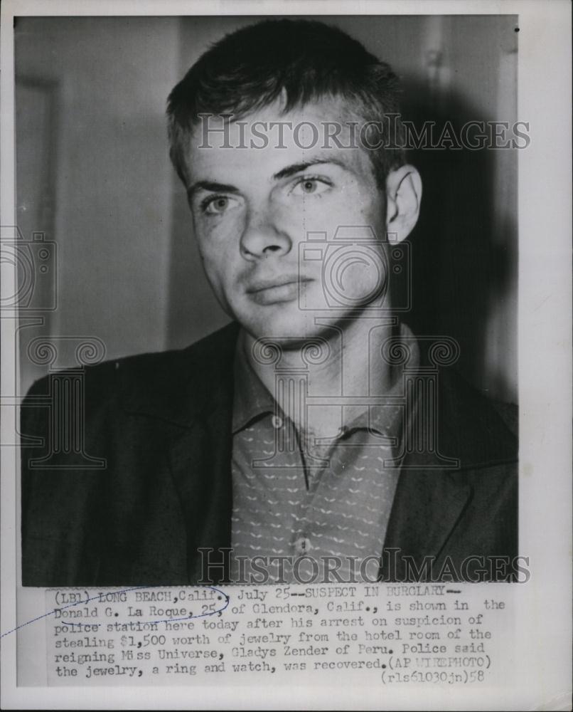 1958 Press Photo Donald G LaRoque, arrested for jewel theft - RSL80087 - Historic Images