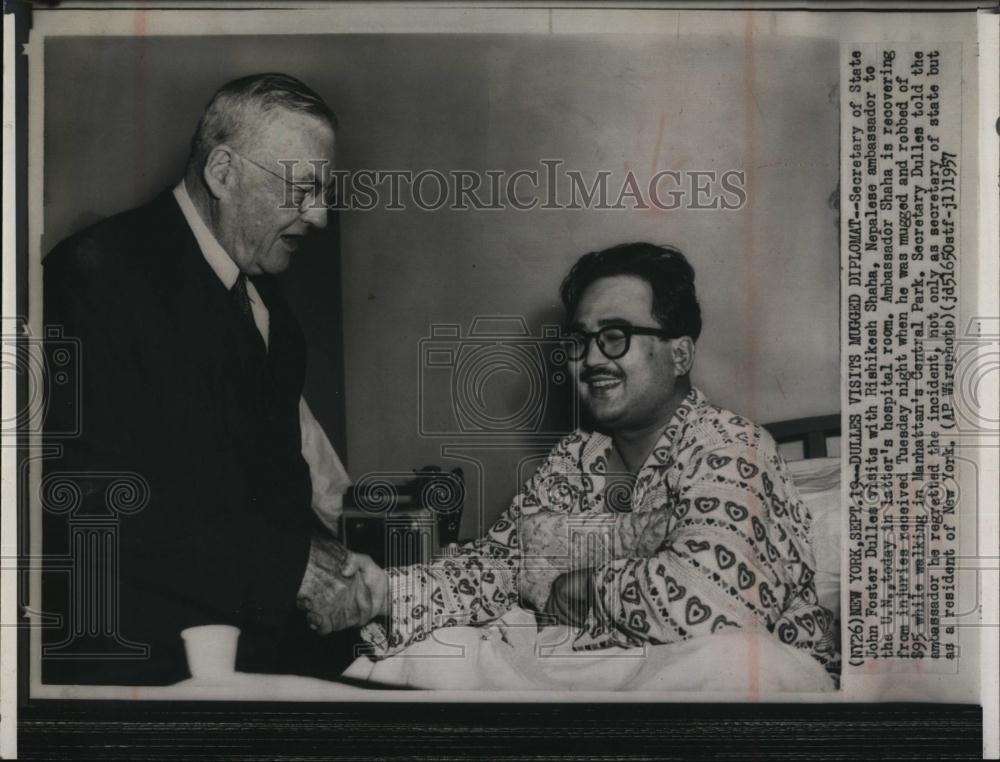 1957 Press Photo Sec of State John F Dulles &amp; Rishikesh Shaha of Nepal - Historic Images