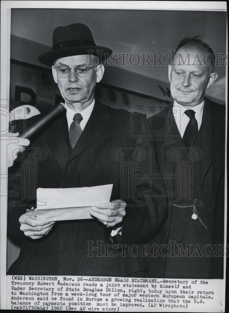 1960 Press Photo Secretary of the Treasury Robert Anderson, Under Sec D Dillon - Historic Images