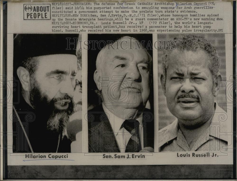 1974 Press Photo Greek Archbishop H Capucci, Sen Sam Ervin &amp; L Russell Jr - Historic Images