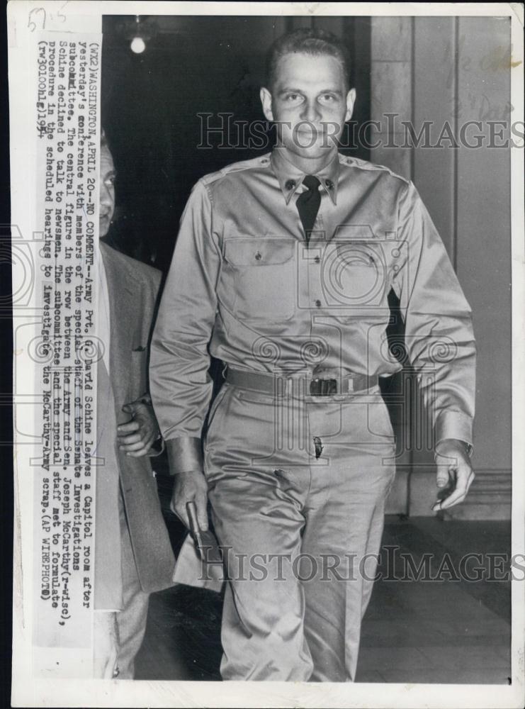 1954 Press Photo Army Pvt G David Schine leaving Senate Investigation Committe - Historic Images