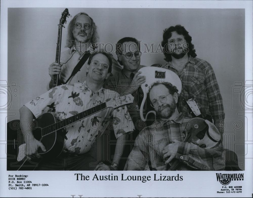 1997 Press Photo Band &quot;The Austin Lounge Lizards&quot; on Watermelon label - Historic Images