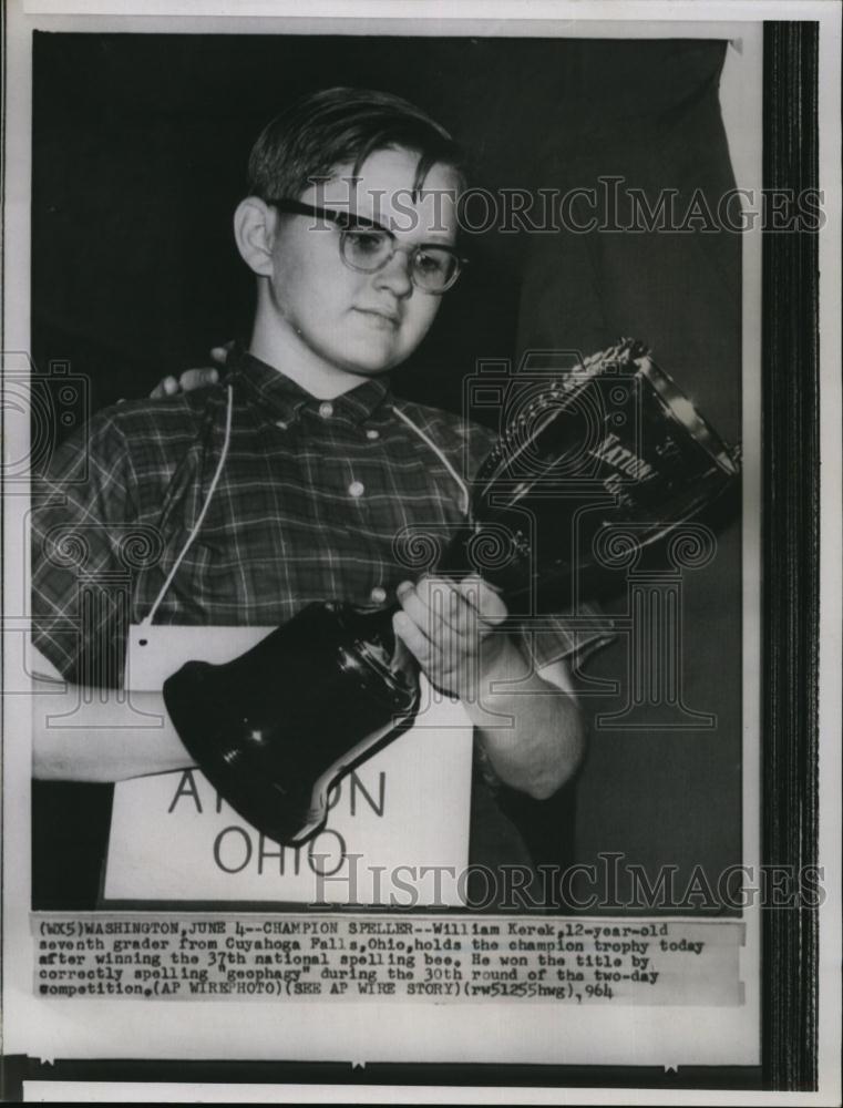 1964 Press Photo William Kerek,12 &amp; trophy for spelling bee win - RSL93383 - Historic Images