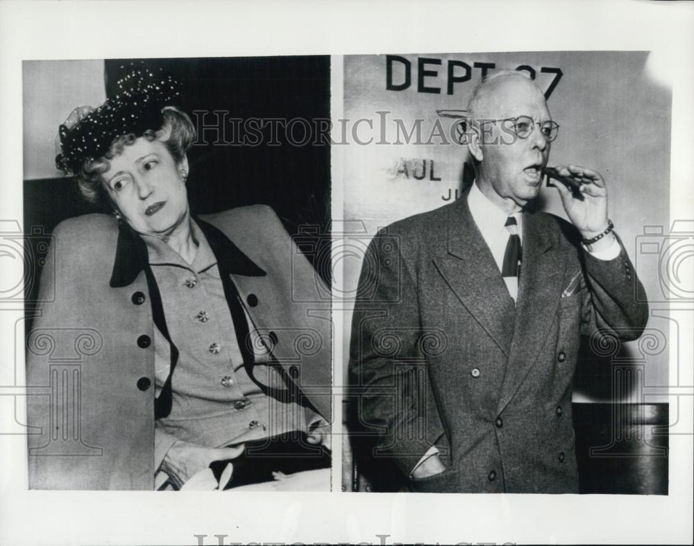 1951 Press Photo Mrs Amina Day Reator William P Day puffing cigar at courtroom - Historic Images