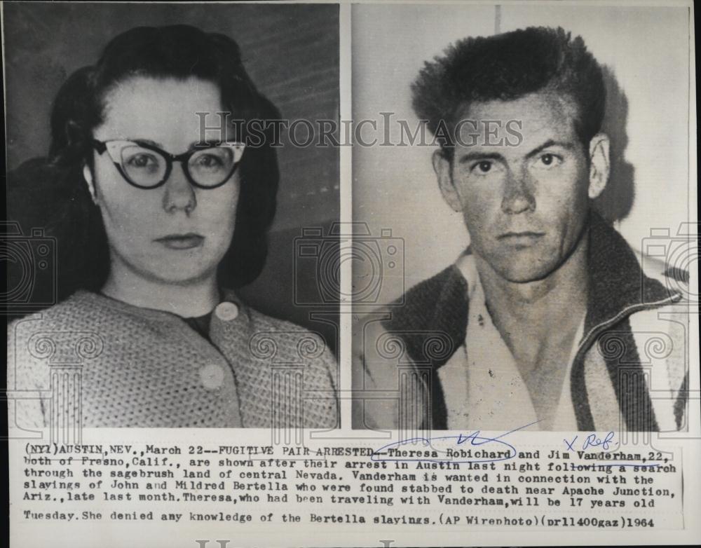 1964 Press Photo Theresa Robichard and Jim Vanderham, Murderer pair fugitive - Historic Images