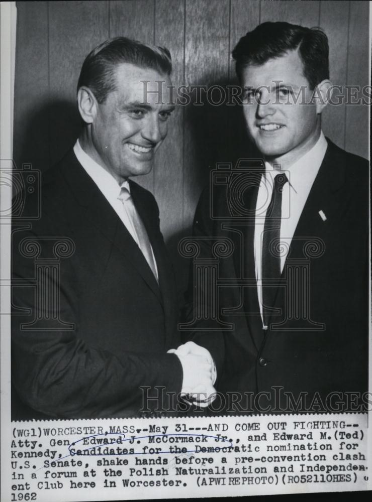 1962 Press Photo Atty Gen Edward J McCormack Shakes Hands With Edward M Kennedy - Historic Images