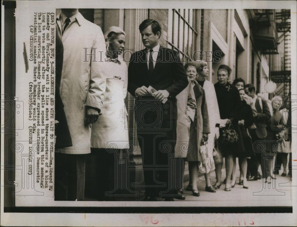 1968 Press Photo Senator Edward m Kennedy and wife wait in line to vote - Historic Images