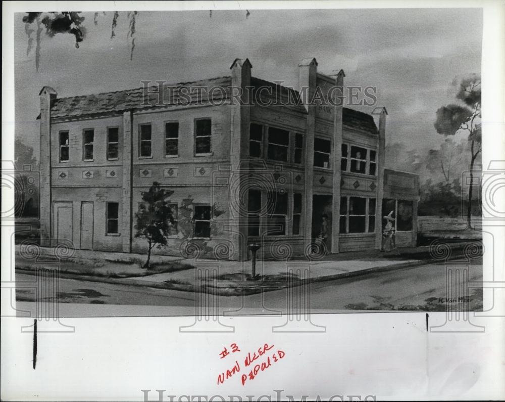 1980 Press Photo Painting by Mrs Van Meer of old Bank of Oldsmar in Pinellas Co - Historic Images