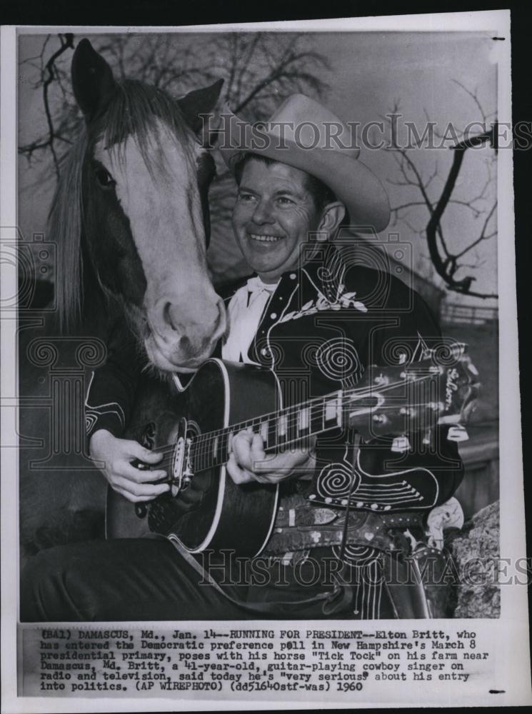 1960 Press Photo Presidential Candidate Elton Britt With Horse &quot;Tick Tock&quot; - Historic Images