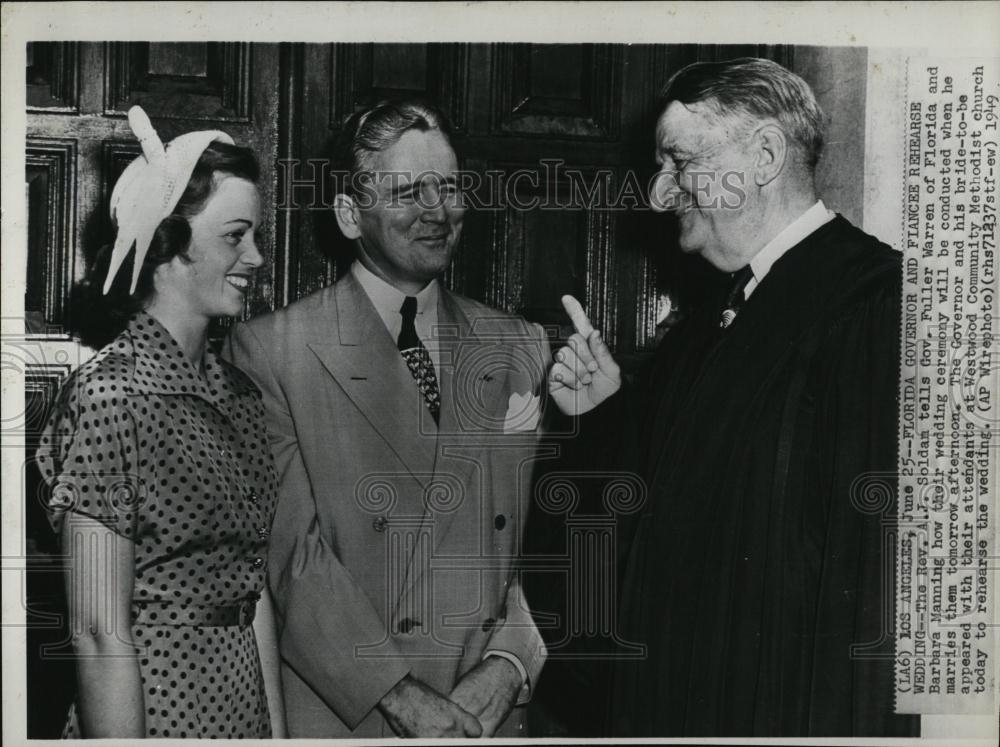 1949 Press Photo Rev AJ Soldam Gov Fuller Warren Barbara Manning Wedding - Historic Images