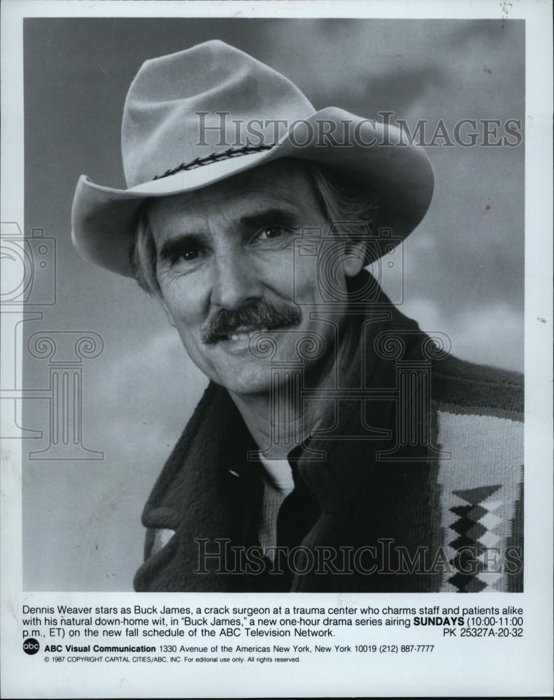 1987 Press Photo Buck James Series Actor Dennis Weaver Character Portrait - Historic Images